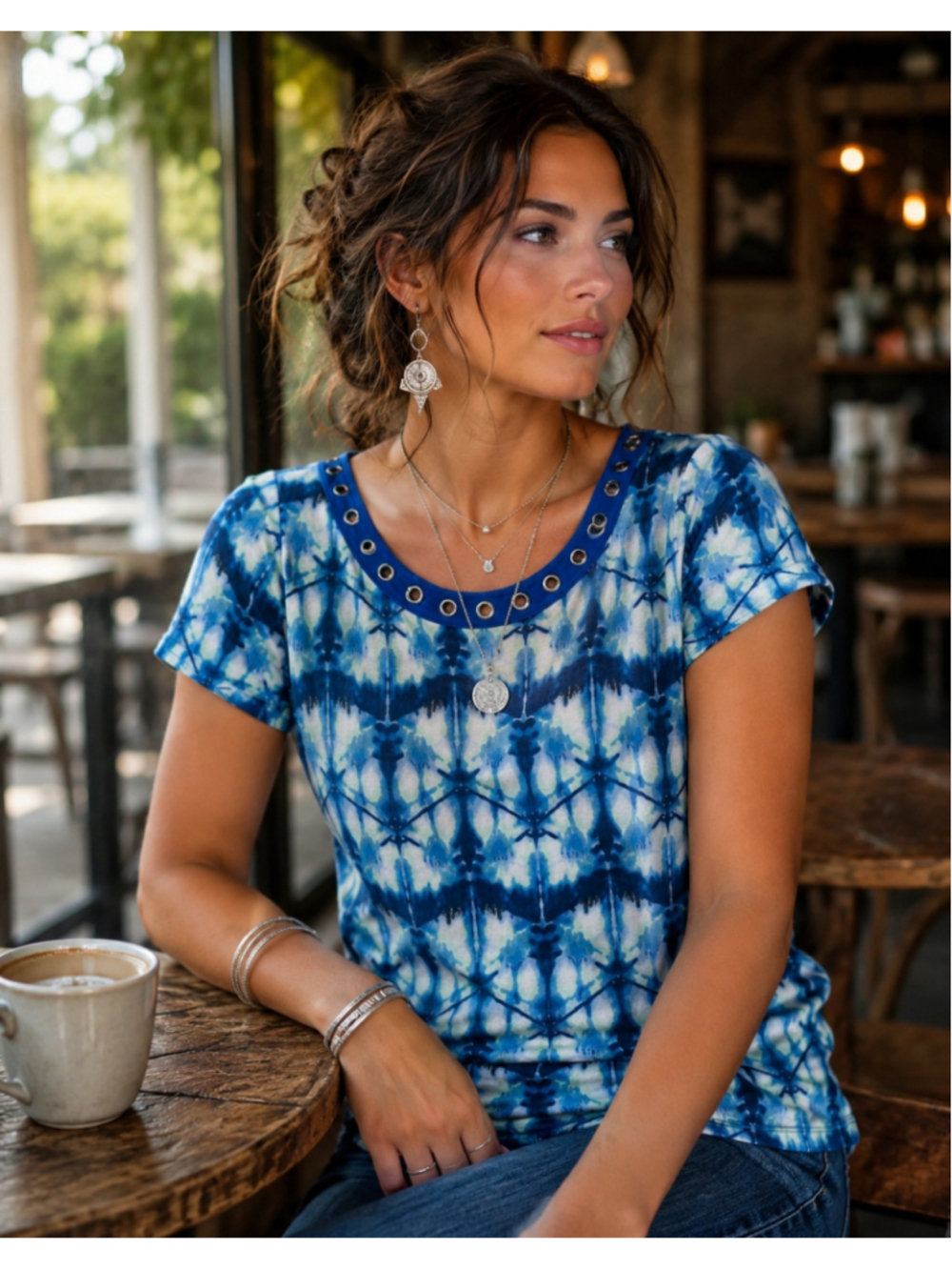 Women's Rafaella Blue & White Tie-Dye Short Sleeve Tee M Summer
